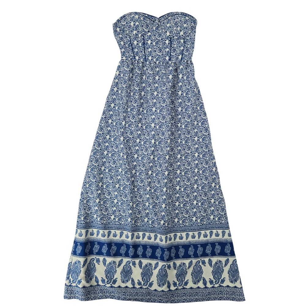B.O.G. Collective Womens XS Strapless Paisley Maxi Dress Boho Sweetheart Blue